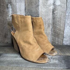 Womens Steve Madden Tulisa Camel Tan Peep Toe Block Heel Zip Mules Size 7.5 M